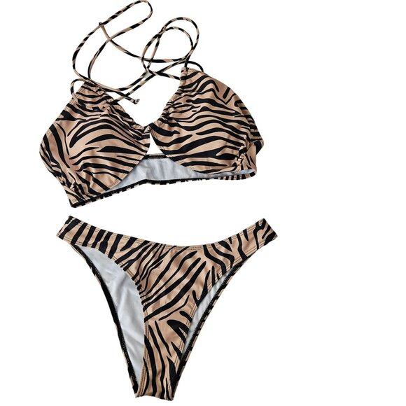 Gorglitter Womens 3 Pc Swimsuit Size L High Waisted Lace Up Zebra Bikini Skirt - Picture 4 of 8